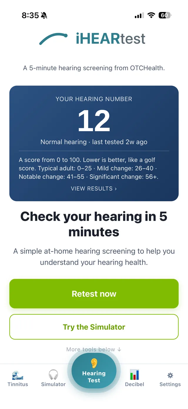 iHEARtest home screen showing a Hearing Number of 12, normal hearing