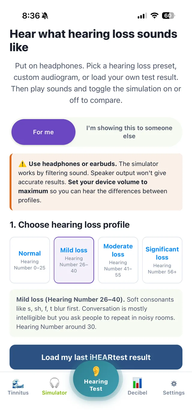 iHEARtest hearing-loss simulator screen