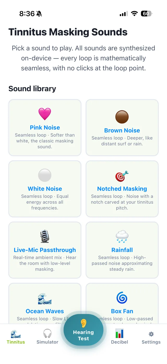 iHEARtest tinnitus masking sounds screen